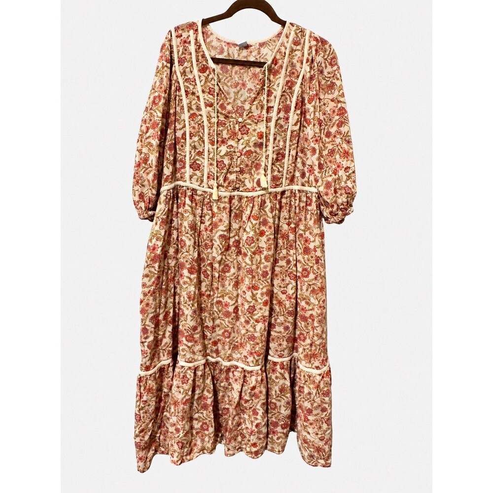 Old Navy Women Plus 2X Cream Floral V-Neck Button Front Midi Dress Tassel